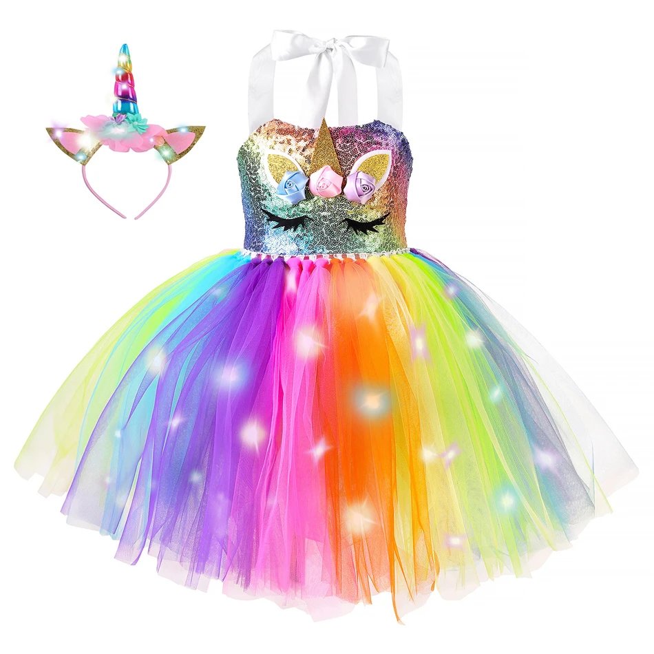 Girls Unicorn TUTU Princess Dress Shiny Children Cartoon Clothes with LED Glowing Wings Headband Stage Halloween Party Costume