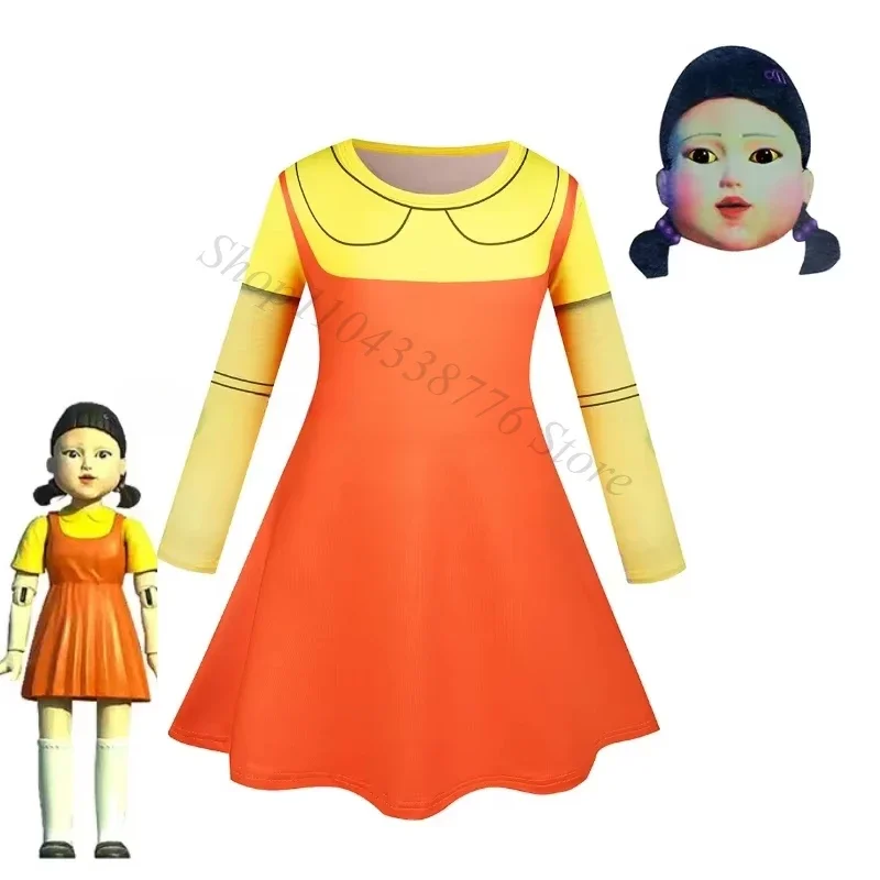 Costume de Cosplay à Manches Courtes pour Fille, Tenue de Princesse Jaune et Orange avec Masque, Vêtement de ixd'Anniversaire,