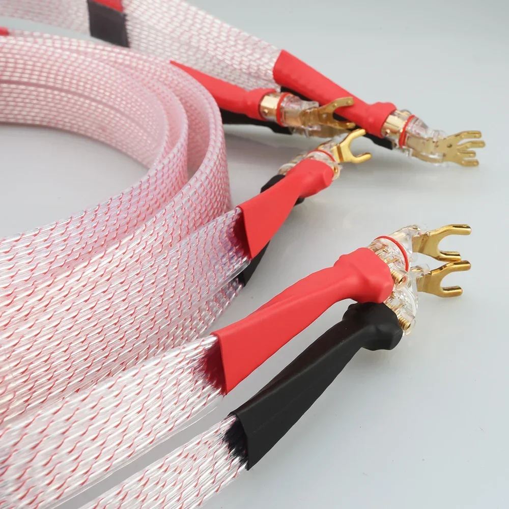 

HIFI 7N OCC Copper Silver Plated Flat Speaker Cable with Gold Plated Banana Y Spade Plug for Hi-Fi Audio System