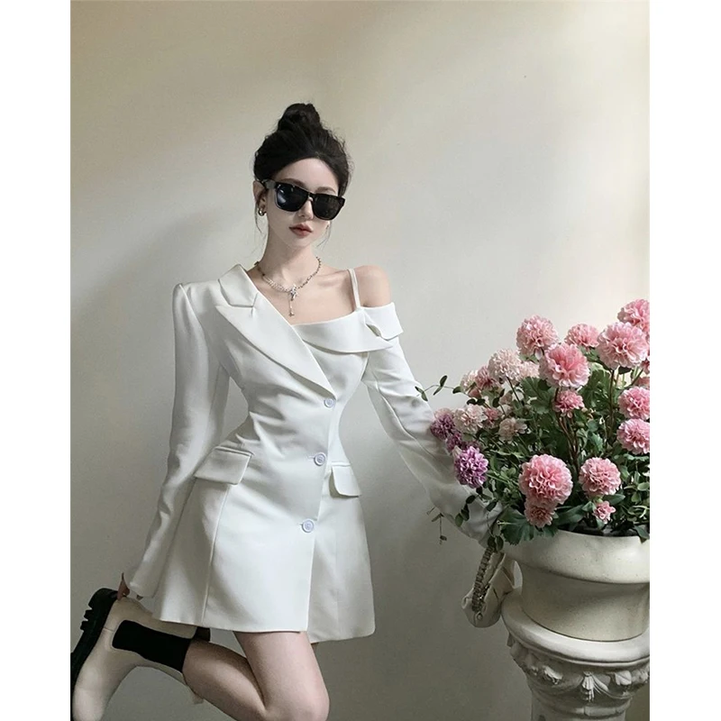 Elegant Suit Mini Dress Women Off Shoulder Irregular A Line Dresses Korean Office Lady Button Slim Chic Blazer