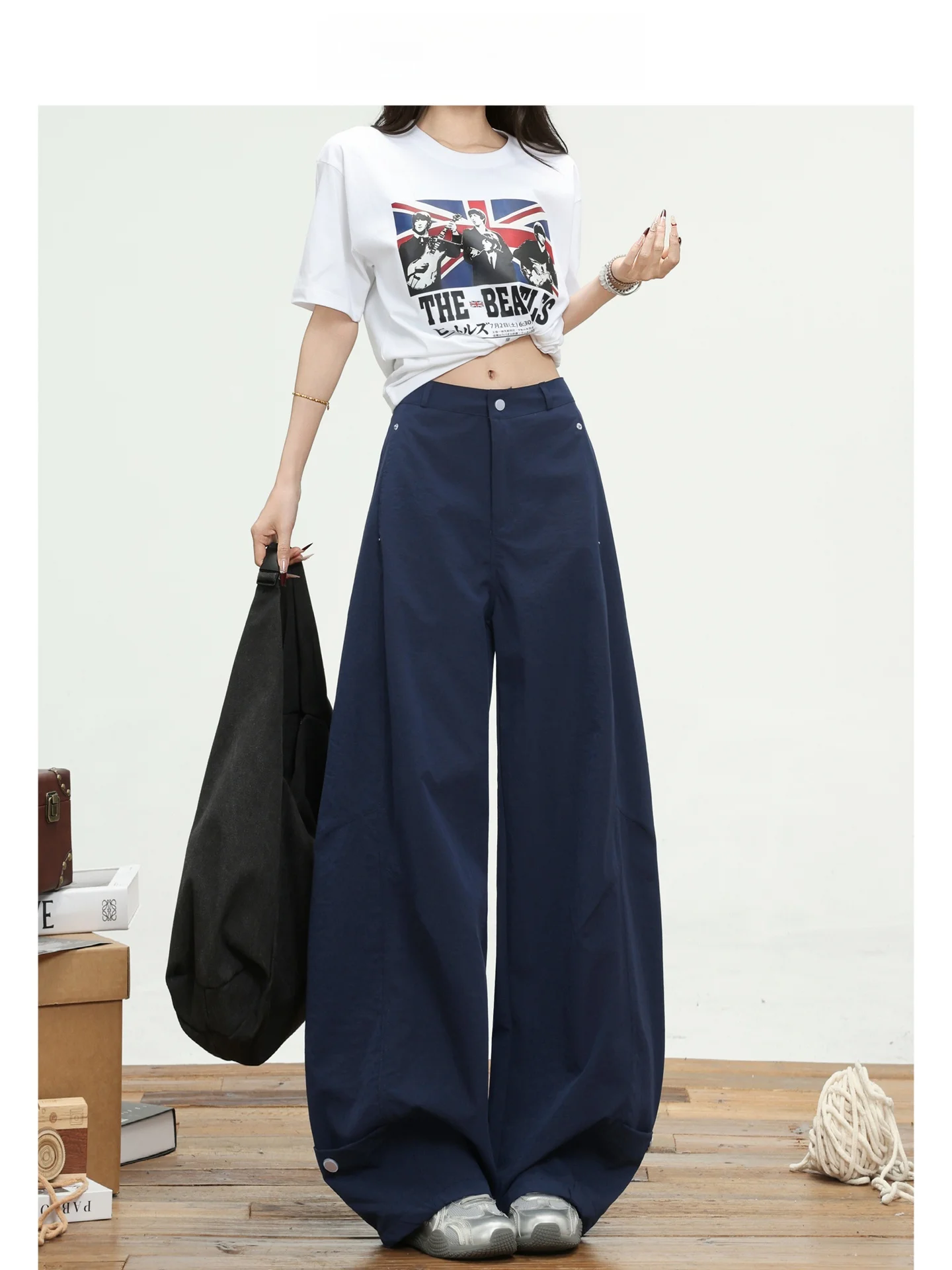 Pantalones Casuales de Trabajo Americanos Azul Oscuro Forever 21 para Mujer, Corte Pera, Ajustados, Cintura Alta, Pierna Ancha, Secado Rápido