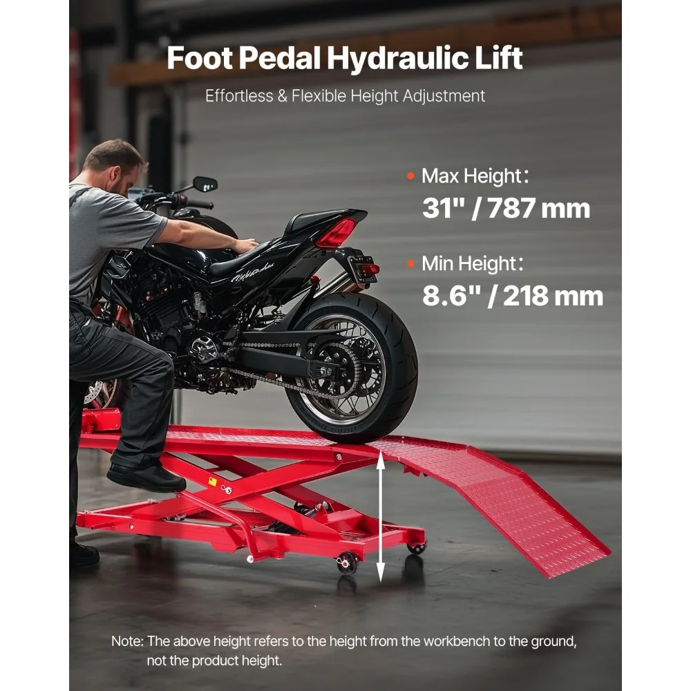 Motorcycle Lift Table, 1000lbs Weight Capacity, 360° Flexible Moving Motorcycle Jack Stand, 8.6-31 in Height Range, Heavy