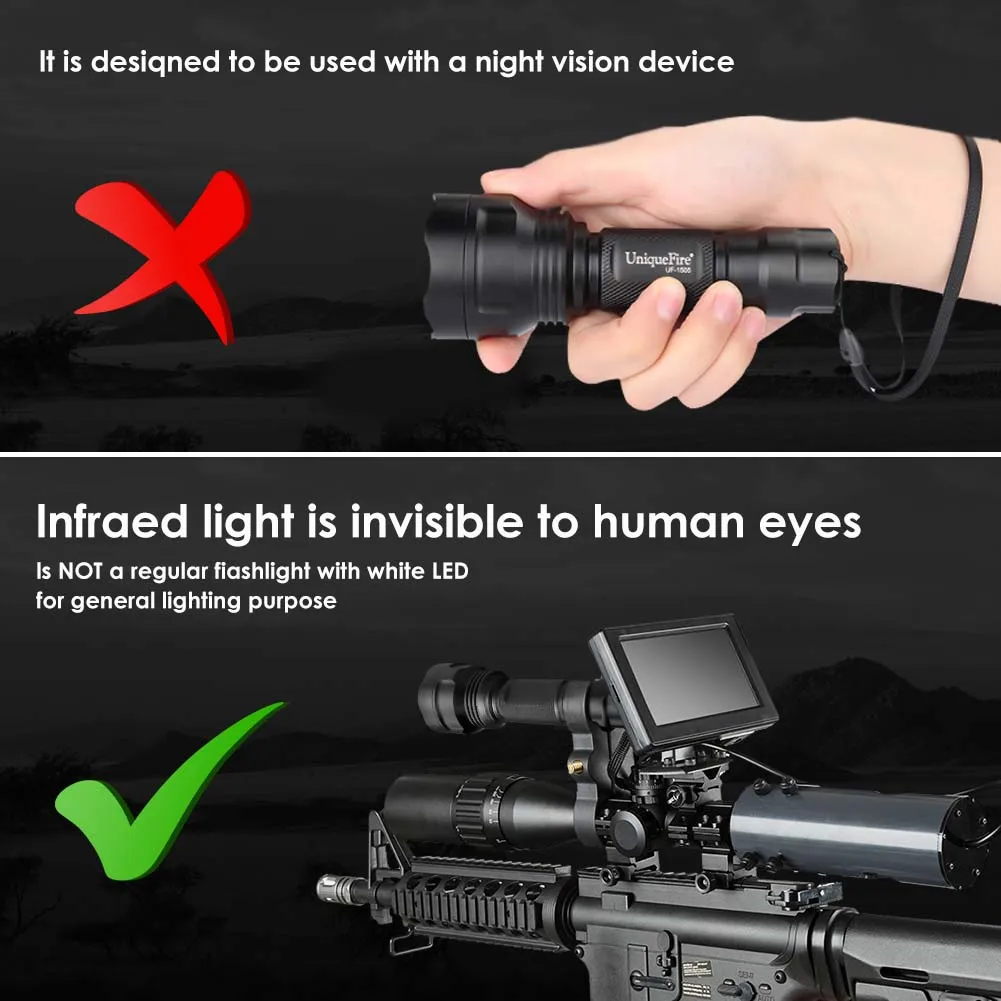 UniqueFire 1505 IR850nm IR940nm LED Flashlight 3 Modes Nighting Invisible Zoom Torch for Coyote Hog Predator Varmint Hunting