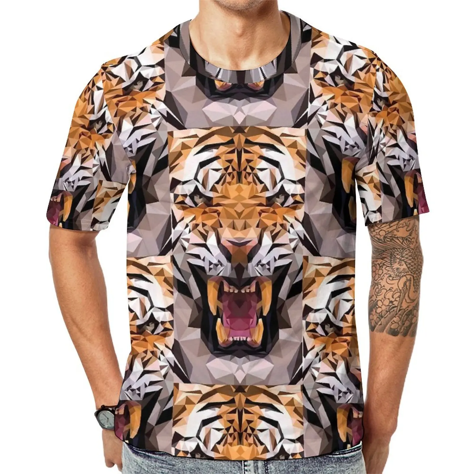 Angry Tiger 남성 동물 프린트 트렌디 티셔츠, 반팔 패턴 티셔츠, 핫 비치 스트리트웨어, 플러스 사이즈 탑 티