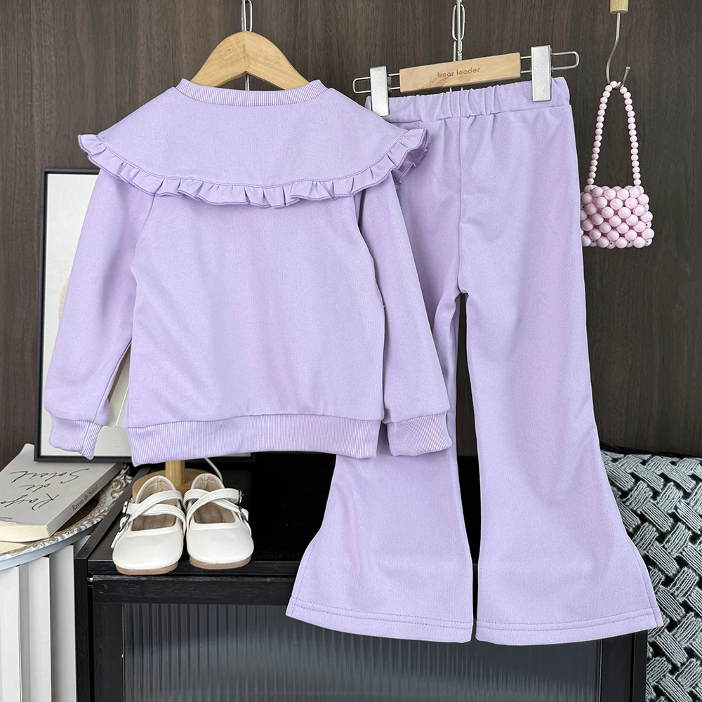 Autumn Purple Children's Clothing Lapel and Bow Print Long Sleeved Top+Pants Two-piece Set Fashionable and Casual Girls Clothes