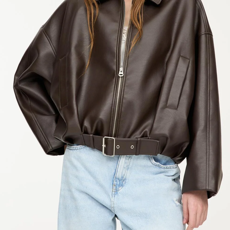 Damska kurtka motocyklowa w stylu retro ze sztucznej skóry, codzienna kurtka pilotka, długość ort, zapinana na zamek, bez kaptura, odzież jesienna.