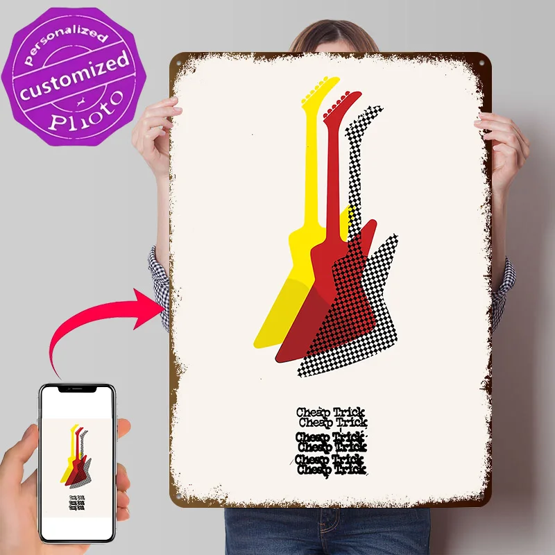 Cheap Trick Guitars and Text Personalized 3D Textured Metal Poster Wall Art Tinplate Sign for House Decor Room Gamer Decoration