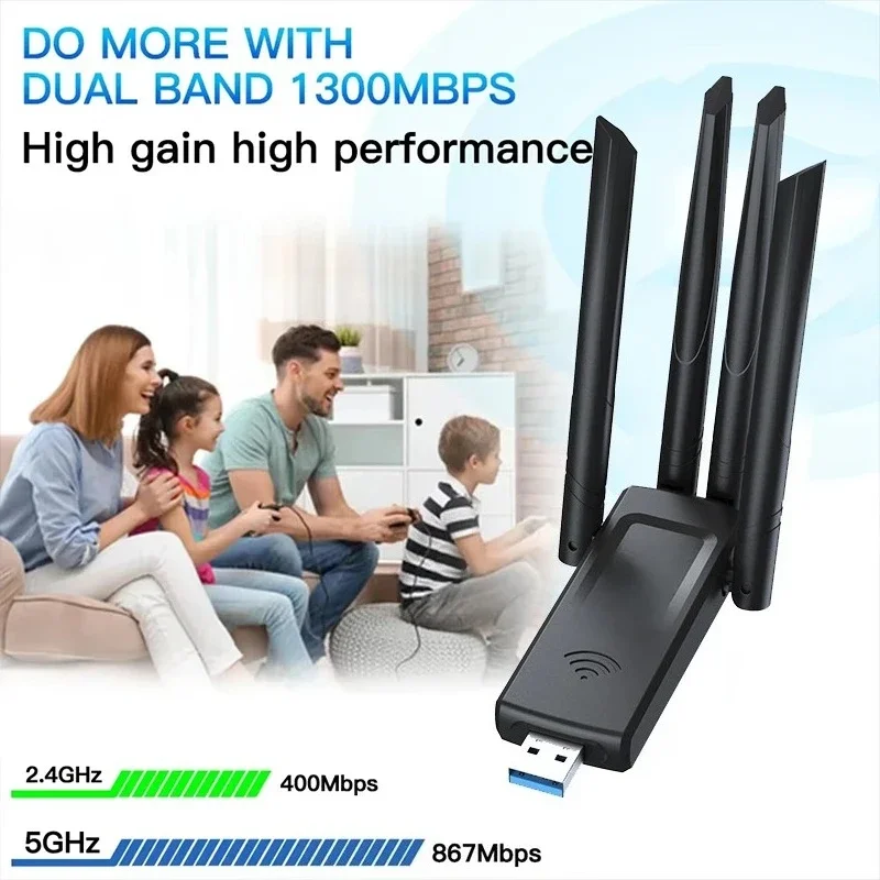Adaptador WIFI Bluetooth 5,4 de 1300M, tarjeta de red inalámbrica, receptor Wi-Fi 5G, Dongle Wi-Fi de doble banda, 4 antenas para PC/portátil Win10/11