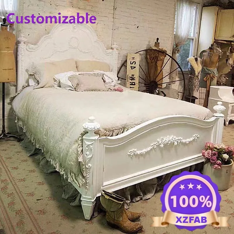 Factory Direct 2026 Nordic retro solid wood carving flower white double bed American country princess bed European court master