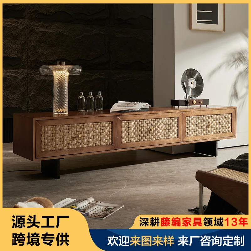

Nordic Modern Solid Wood TV Cabinet Japanese Rattan Ash Wood Bed And Breakfast Floor Locker Storage
