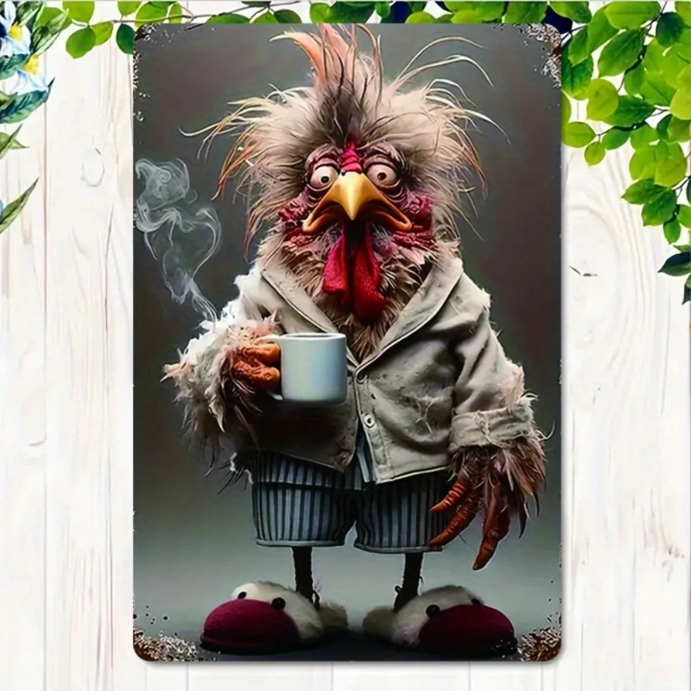 Metallschild „Huhn und Kaffee“ – schrullige Bauernhaus-Wandkunstdekoration, geeignet für Zuhause, Café, Bar – Vintage-Retro-Dekorationsschild