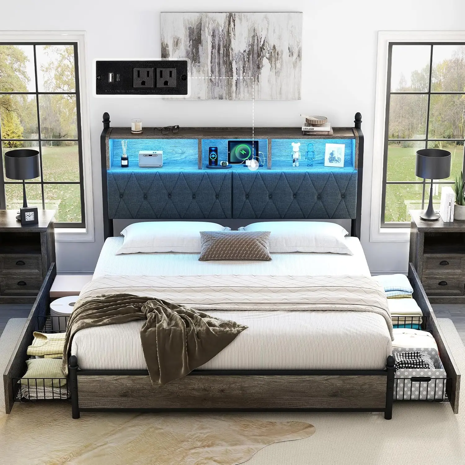 King Size Bed Frame with Bookcase Headboard, 4 Drawers, Gray | Wooden Platform Bed, Charging Station, LED Light, No Box Spring