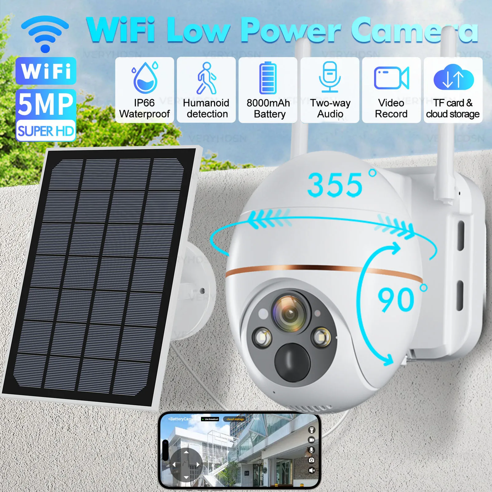 5MP Solar WIFI kamera IP 8000mAh bateria PTZ kamery monitorujące bezprzewodowa PIR ludzkie śledzenie CCTV na zewnątrz HD wodoodporna 5X Zoom