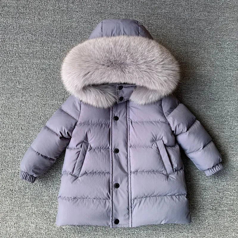 

New Kids Winter Down Jacket Luxury Real Fur Collar Children's Thicken Warm Mid-Length Coat For Baby Boy Girl 2-13 Years Snowsuit