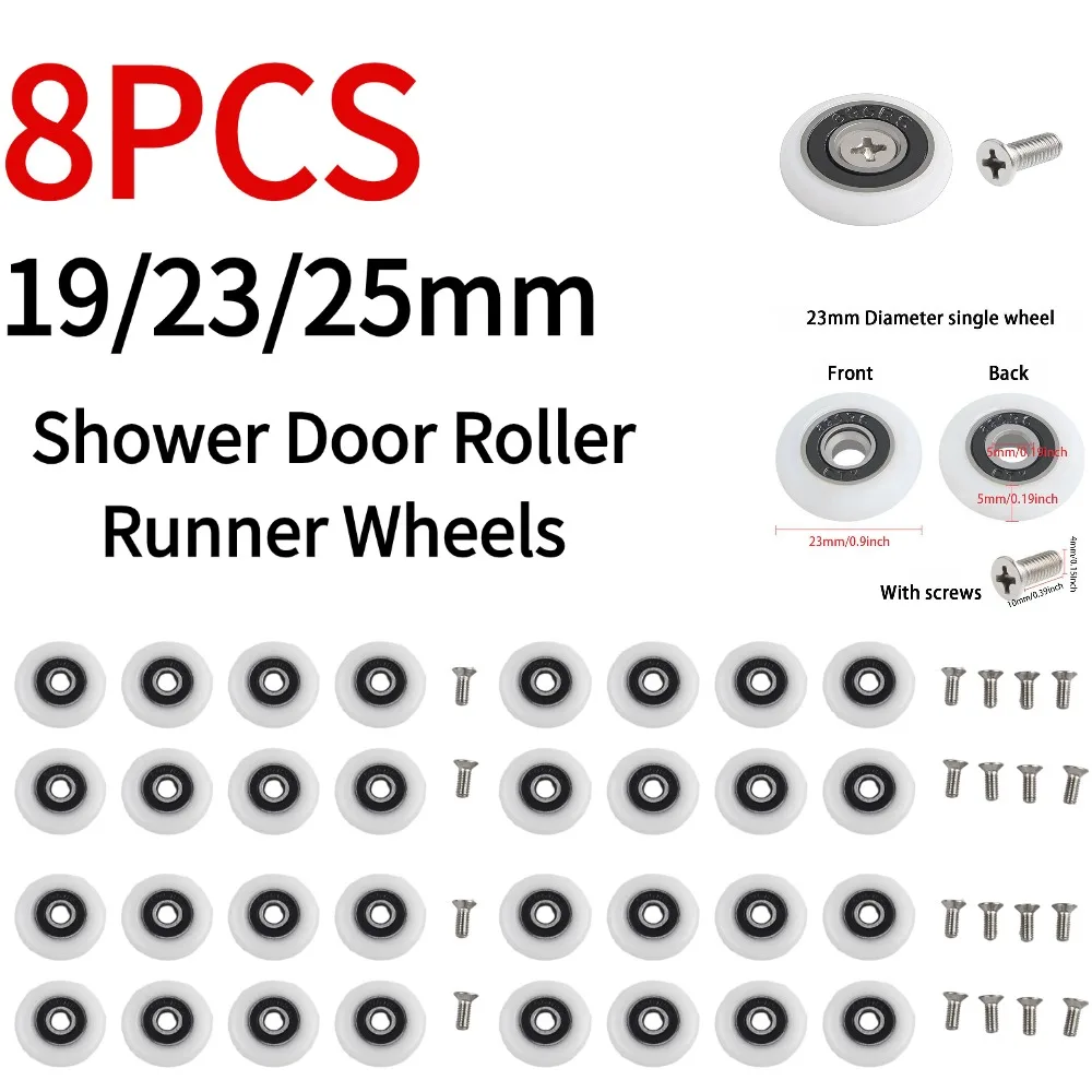 8Pcs Shower Door Rollers Replacement Door Pulley 19/23/25mm Wheel Diameters Cabins Pulley Sliding Shower Wheels Runner Pulley