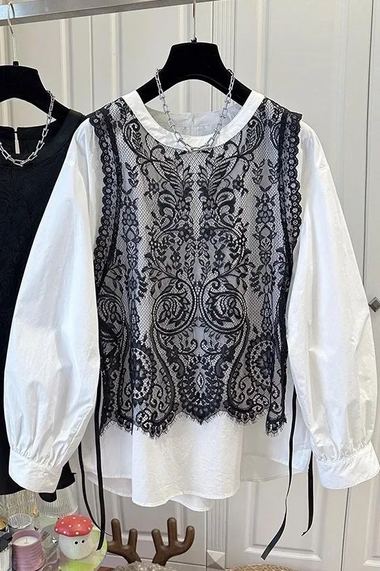 Spring Autumn Two Piece Lace Vest Shirt Women's Shirt Round Neck Loose And Lightweight Ladies Tops Suit