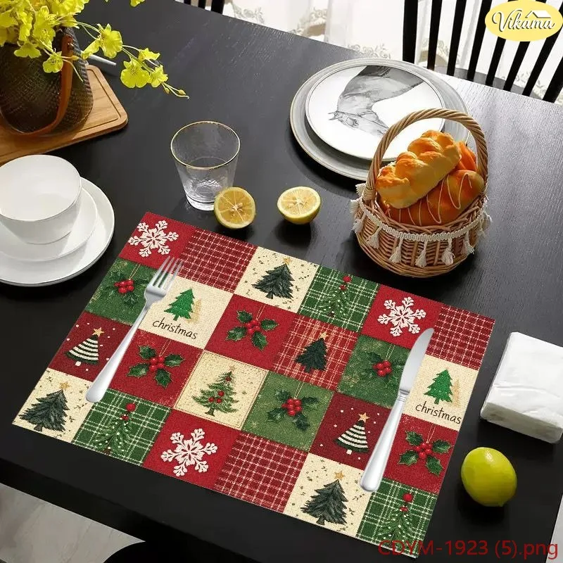 VIKAMA Christmas Placemats Red Buffalo Plaid Watercolor Xmas Tree Merry Christmas Washable Dining Mat Winter Holiday Decor