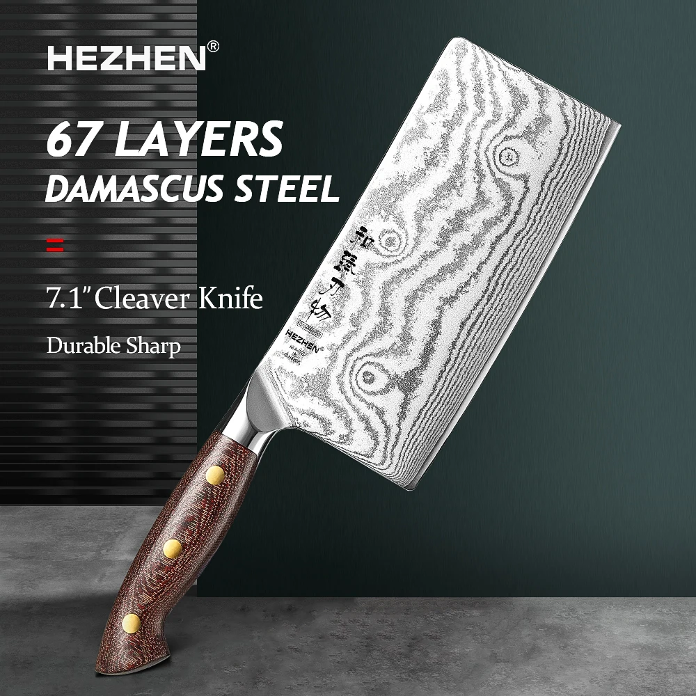 

HEZHEN 7.1 Inches Cleaver Knife 67 Layers Damascus Steel Vegetable Knife Chinese Slicing Knives Micarta Handle Kitchen Knife