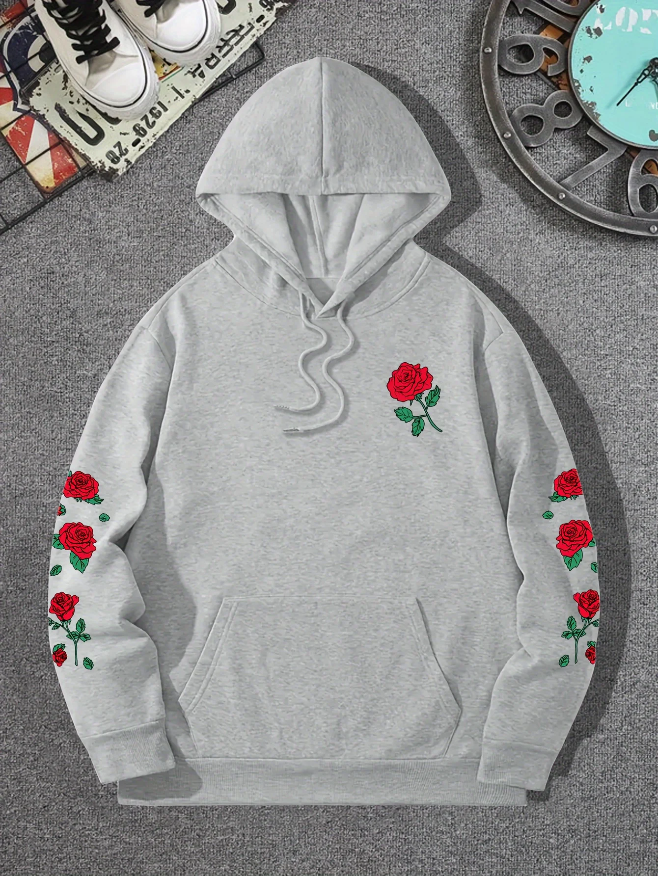 Red Rose Printed Hoodies Casual Street Women Sweatshirts Comfortable Fleece Soft Pullover Crewneck Loose Female Tops Clothes