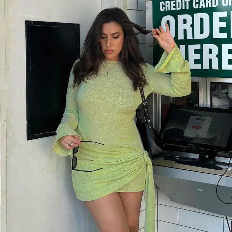 

Pleated Long Sleeve Mini Dress Floral Designer Holiday Slim Patchwork Fashion Elegant Solid Dress For Women Y2k Dress 2024