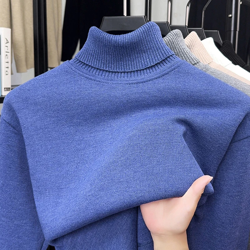 Men's Solid Color Wool Sweater with Winter High Neck and Thick Cashmere Sweater Men's Knitted Cashmere Base Sweater Top
