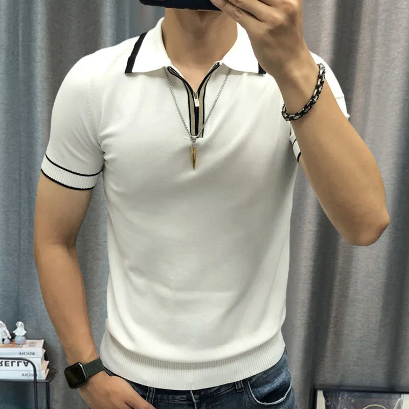 Summer Zipper Knit Lapel T-shirt Polo British Contrasting Stripes Casual Slim Lapel Polo Men's Shirt Mannen Polo  Camisa Hombre