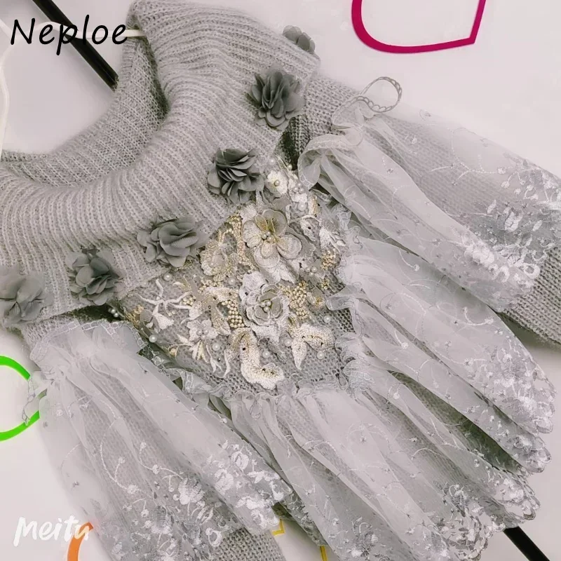 Neploe Vintage Jersey Mujer Pull Femme Slash Neck Beading Mesh Patchwork Flower Sweater Y2k Solid Color Long Sleeve Jumpers