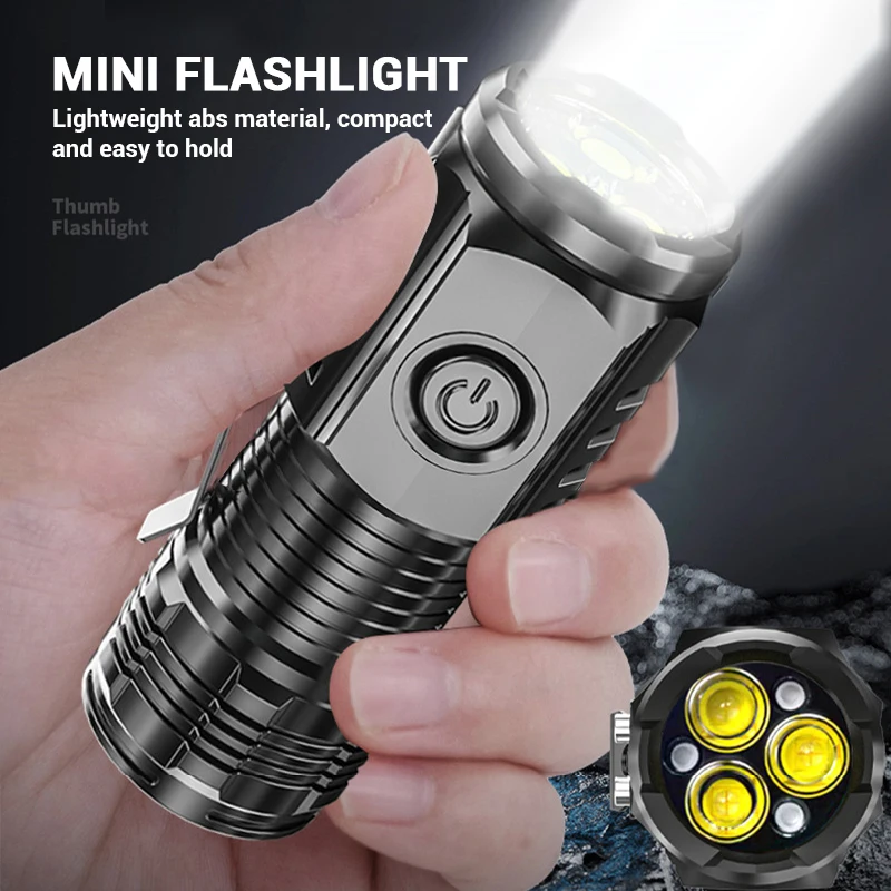 Mini linterna 3LED superbrillante con Clip para bolígrafo e imán trasero, batería incorporada, carga USB, lámpara de emergencia portátil para exteriores