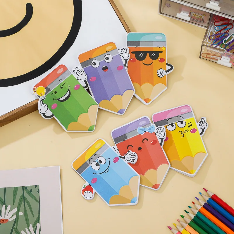 연필 모양의 스티커 메모 12개: 생생한 만화 얼굴이 있는 360페이지! 학교, 사무실, 집 및 책상용. 훌륭한 선물 및 문구류