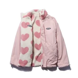 2024 autumn and winter new love lambswool cotton-padded jacket double-sided collar jacket couple loose coat warm Y2K women tops