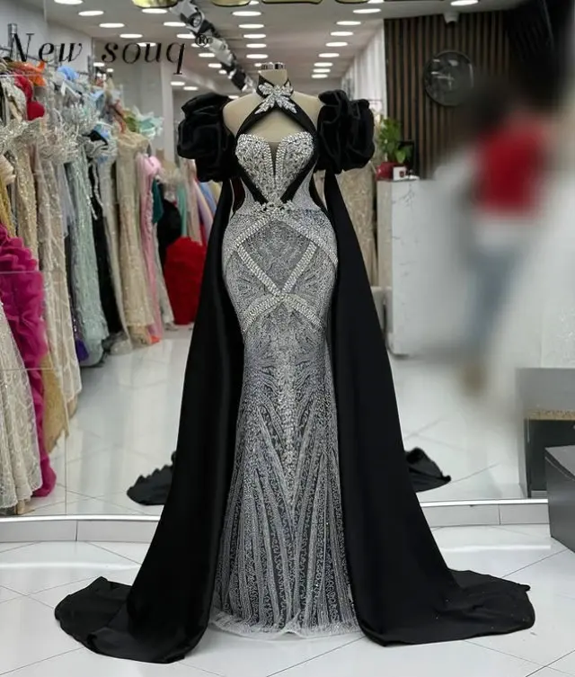Arabic Black Mermaid Evening Dress with Cape Sleeve Customized Elegant Sparkle Silver Crystals Formal Wedding Night Party Gowns