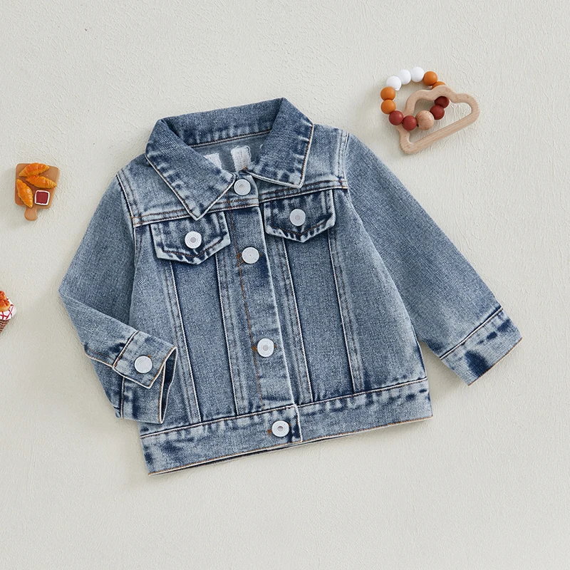 Toddler Boy Girl Denim Jacket Back Letter Embroidered Lapel Neck Long Sleeve Front Button-up Fall Tops