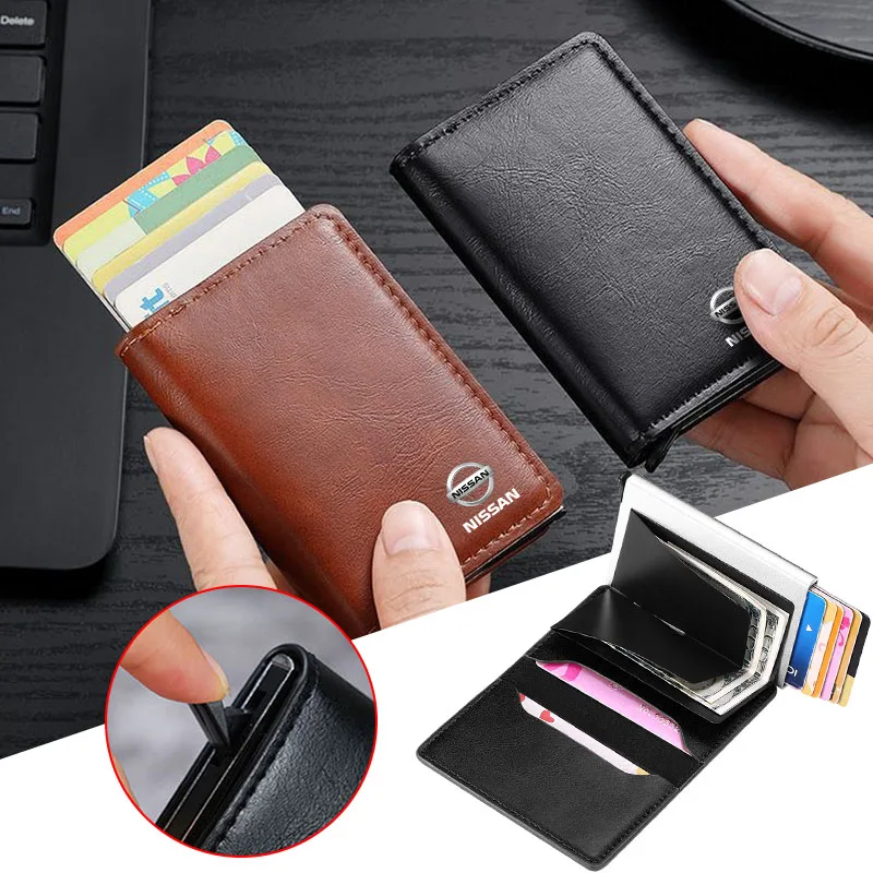 Porte-cartes d'identité et de crédit, mini portefeuille RFID, étui à ouverture automatique pour cartes bancaires, pour Nissan Nismo GTR Tiida Juke Teana, cache-moyeux de volant