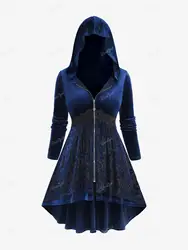 ROSEGAL Plus Size Women's Hooded Coat Deep Blue Flower Print Appliques Zipper Outerwear Asymmetrical Velour Cardigans Jacket 4XL