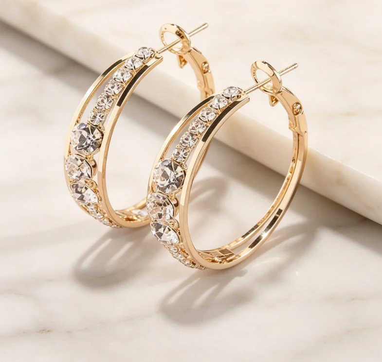 14K Gold Plated Medium Hoop Earrings, Double Row Mixed-size Cubic Zirconia Inlay Open Design Sparkling Ear Jewelry for Women Wedding Banquet Daily Wear