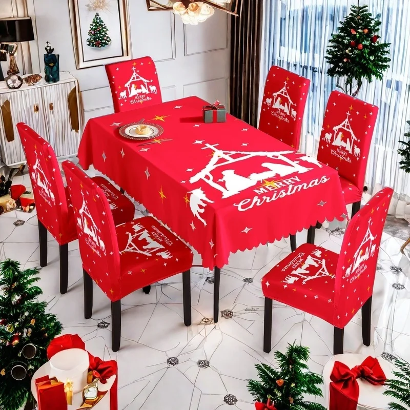 

1/7 шт. рождественские декоративные чехлы для стола и стульев, белые эластичные чехлы на стулья с принтом рождественского дома и скатерть, которую можно стирать.
