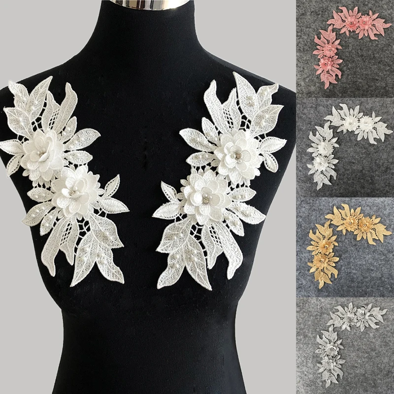 

1Pair DIY Patches Decoration Imitation Pearl 3D Flowers Lace Collar Embroidery DIY Tulle Applique Accessories