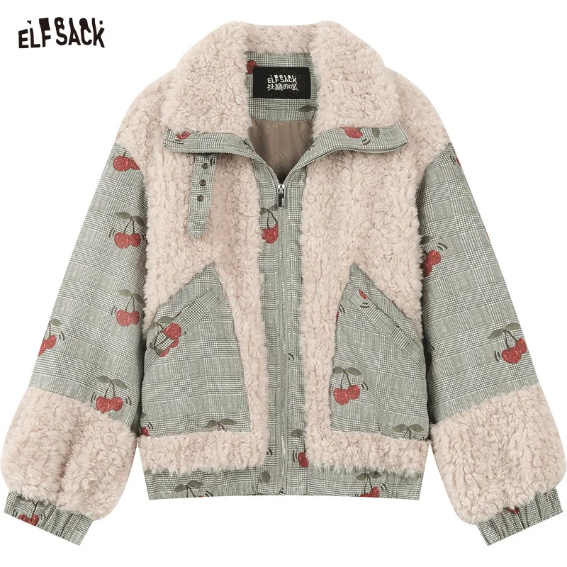 ELFSACK Kawaii Cherry Spliced Jackets Women 2023 Winter New Korean Fashion Designer Outwears