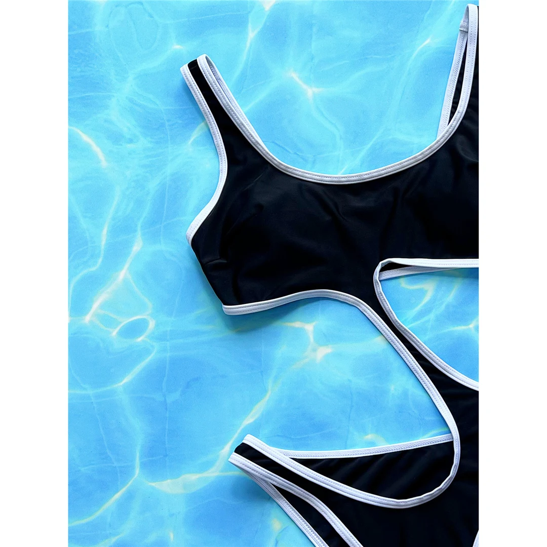 Neuer, sexy, asymmetrischer Badeanzug mit Ausschnitt im Bauchbereich, einteilig, für Damen, mit Polsterung, hoher Beinausschnitt, Badebekleidung, Badeanzug, Modell V5050. – Detail 11