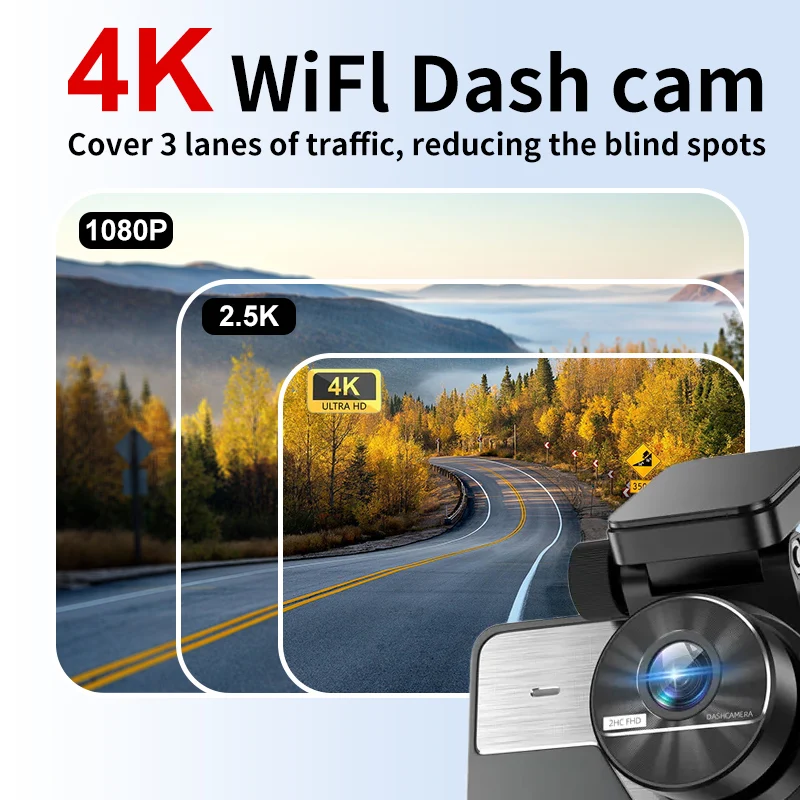 4K UHD WIFI Car Dash Cam, 2K Rear Optional,Built-in WiFi APP Control Dual Channel DVR with Night Vision,Loop recording G-sensing