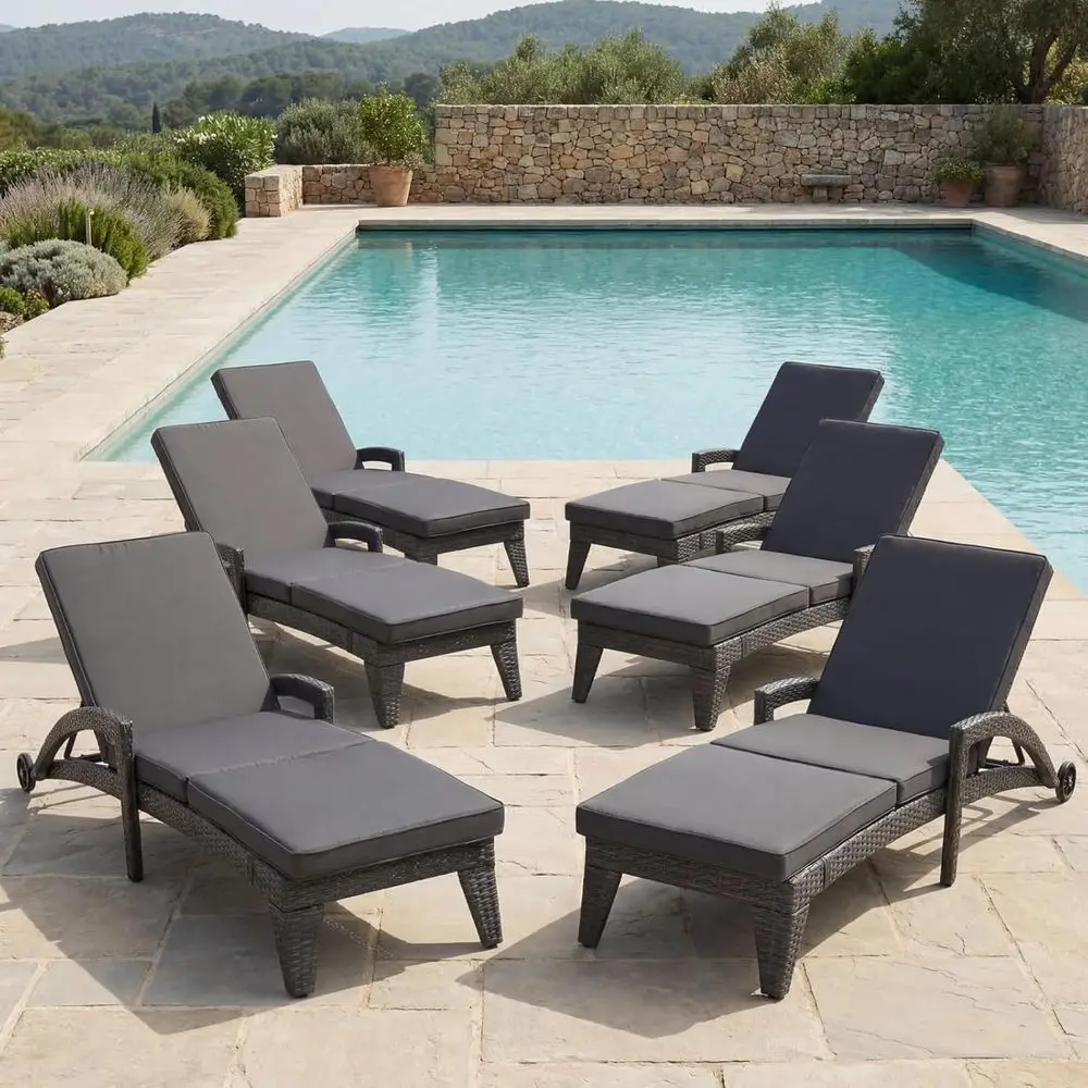 

6-Piece Outdoor Wicker Chaise Lounge Set with Wheels, Heavy-Duty, All-Weather, Solid Grey