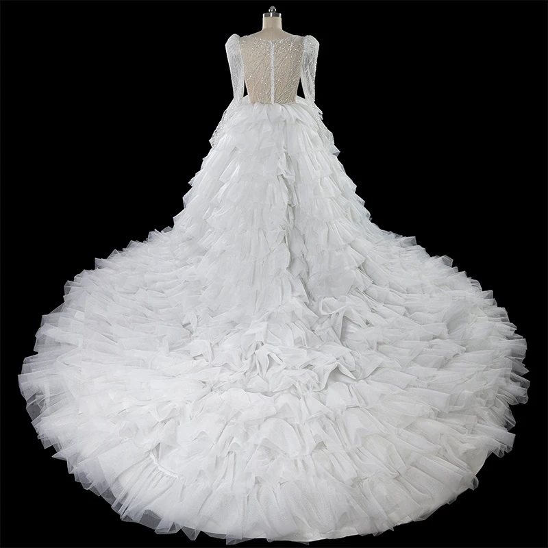 Jancember Deep V-neck Full Sleeves Organza Sequins Ball Gown Court Train Zipper Illusion Romantic Wedding Dress LSDZ96