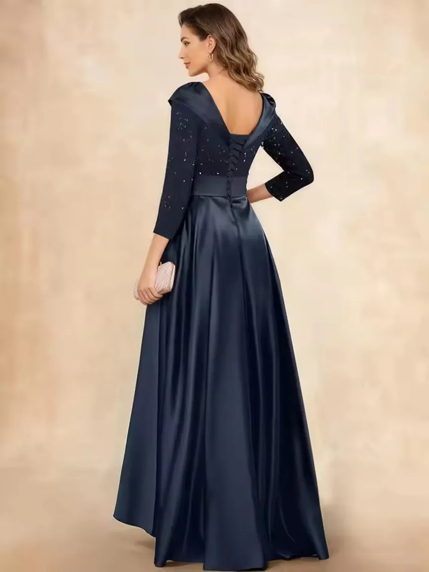 Customized Sparkly Sequin Mother of Bride Dresses V Neck High-Low  3/4 Sleeve Satin A Line Formal Evening Party Dress