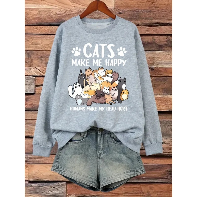 Women'S Casual Cartoon Cats Print  Fleece Crew Neck Sweatshirt,  Knit Fabric with Slight Stretch, All-Season Comfort