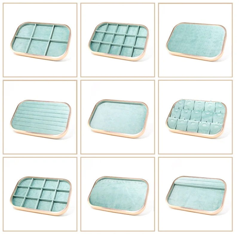 

Green Microfiber Velvet Jewelry Storage Tray with Metal Frame Ring Bracelet Earring Necklace Display Rack for Exhibition Display