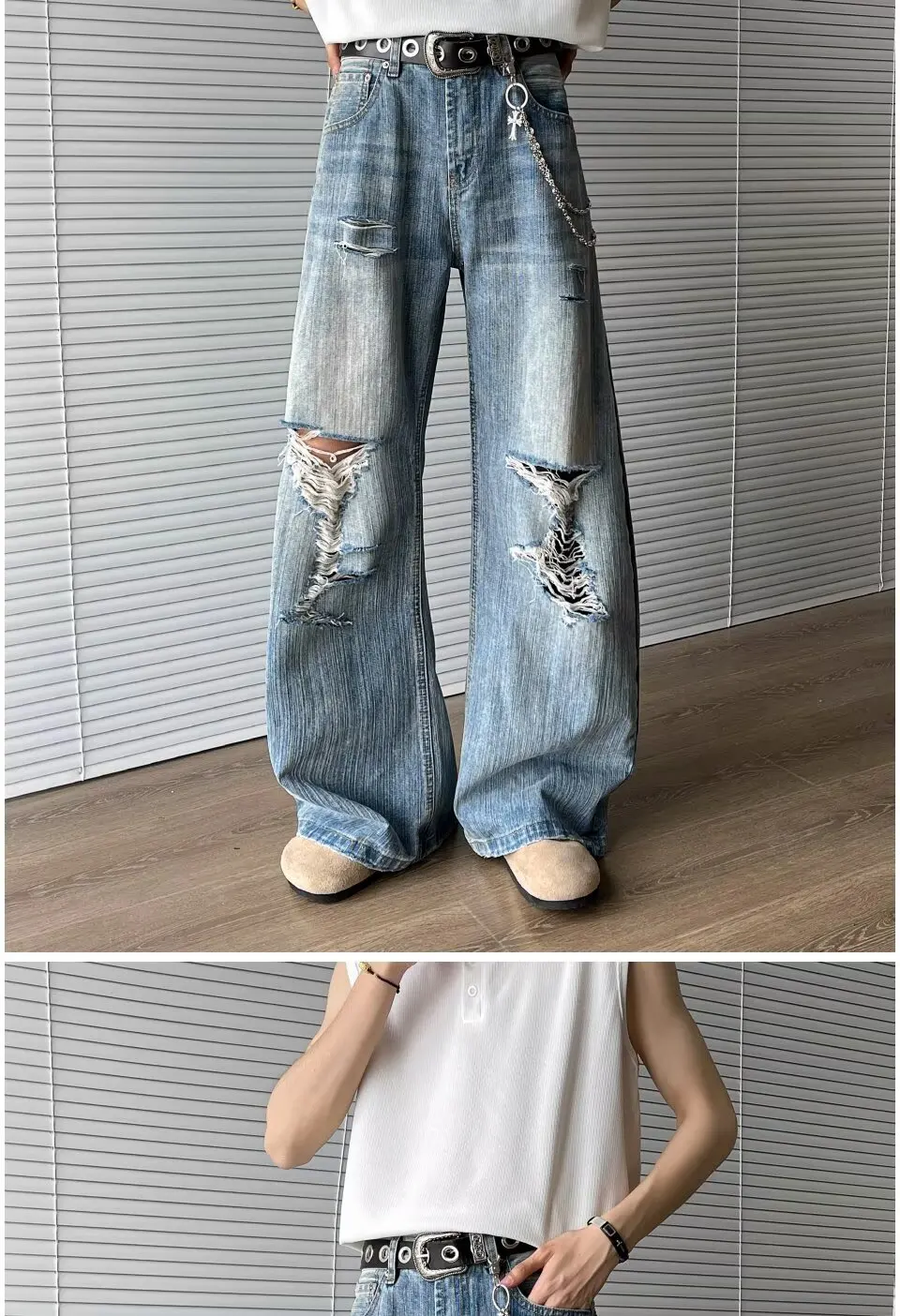 2025 Trashy Y2K Streetwear Washed Blue Baggy Ripped Jeans Hosen für Männer 90er Jahre Vintage Kleidung Straight Distressed Denim Hosen – Detail 6
