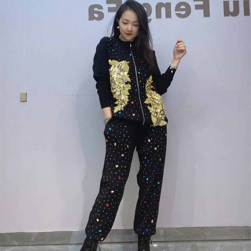 Diamond Knitted Sweater Embroidered Zipper Jacket Sweatpants Two-piece Sets Autumn And Winter Oversized Casual Black Pant Suit