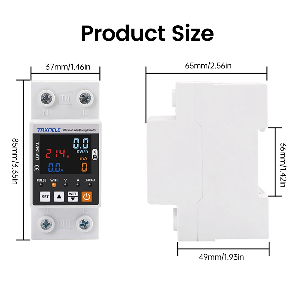 63A TUYA APP WiFi Smart Circuit Voltage Protector Relay Device Switch Breaker Earth Leakage Over Power kWh Meter AC 85-300V