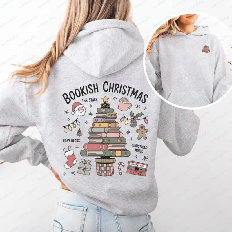 Bookish Christmas Tree Hoodie TBR Book Stack Tree Pullover Cozy Reads Holiday Sweater Cute Xmas Book Tree Sweatshirt Hoodie Top