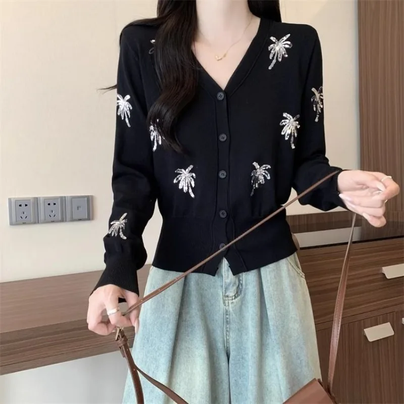 V-neck Patchwork Slim Knitting Cardigan Women Autumn Winter Fashion Glitter Sweater Coat Trend All-match Elegant Knitwear Tops